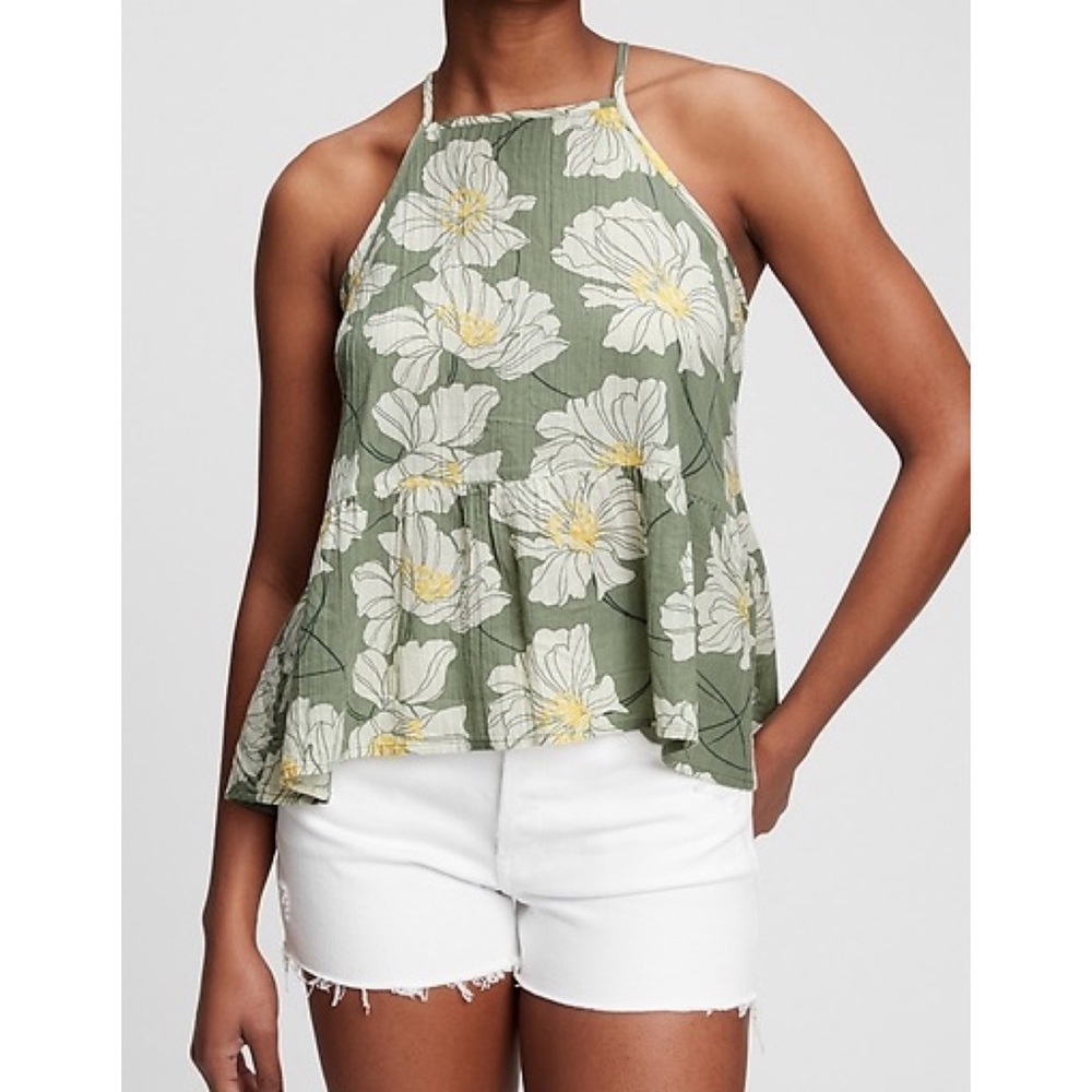 GAP Halter-Neck Peplum Tank Top Green Floral